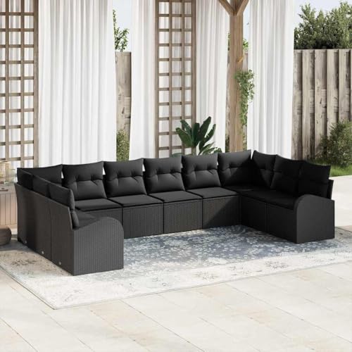 HOMEELIKE 10-teiliges Garten-Sofa-Set mit Kissen in schwarzem Poly-Rattan von HOMEELIKE