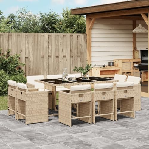 HOMEELIKE 11-TLG. Garten-Essgruppe mit Kissen Beige Poly Rattan von HOMEELIKE