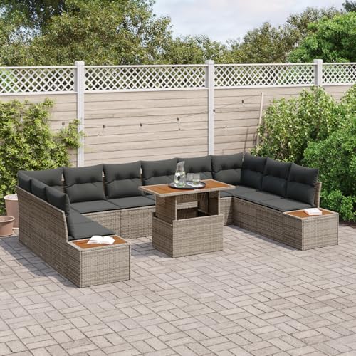 HOMEELIKE 11-TLG. Garten-Essgruppe mit Kissen Grau Poly Rattan Akazie von HOMEELIKE