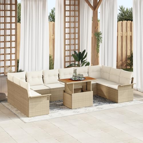 HOMEELIKE 11-teiliges Garten-Esszimmer-Set mit Kissen Beige Poly Rattan Akazie von HOMEELIKE
