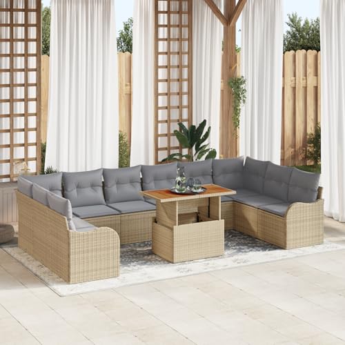 HOMEELIKE 11-teiliges Garten Sofa Set mit Kissen Beige Poly Rattan Akazie von HOMEELIKE