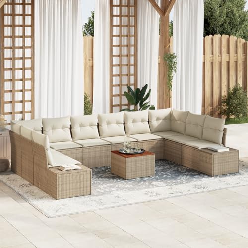 HOMEELIKE 11-teiliges Garten Sofa Set mit Kissen Beige Poly Rattan Akazie von HOMEELIKE