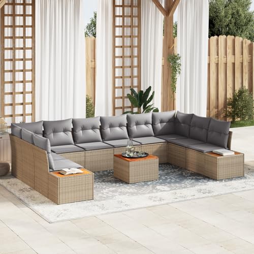 HOMEELIKE 11-teiliges Garten Sofa Set mit Kissen Beige Poly Rattan Akazie von HOMEELIKE