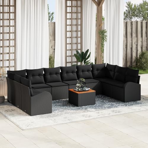 HOMEELIKE 11-teiliges Garten Sofa Set mit Kissen Schwarz Poly Rattan Akazie von HOMEELIKE