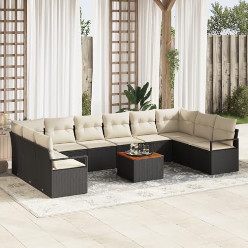 HOMEELIKE 11-teiliges Garten-Sofa-Set mit Kissen Schwarz Poly-Rattan Akazie von HOMEELIKE