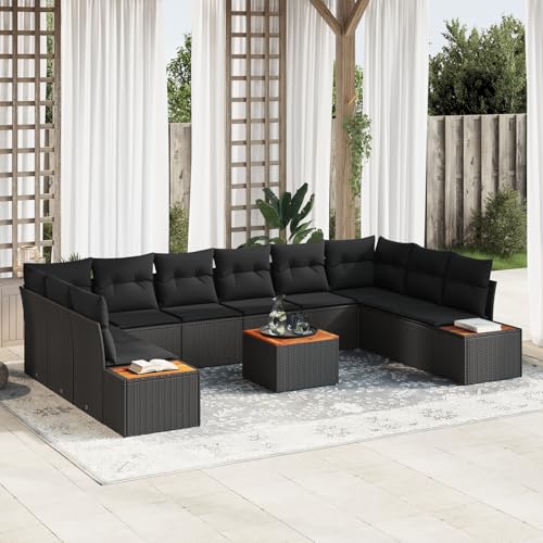 HOMEELIKE 11-teiliges Garten Sofa Set mit Kissen Schwarz Poly Rattan Akazie von HOMEELIKE