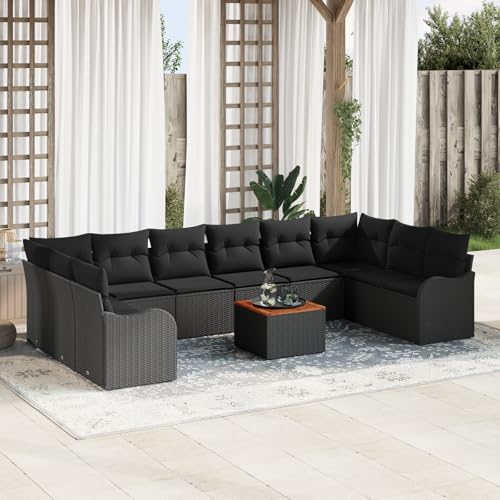 HOMEELIKE 11-teiliges Garten-Sofa-Set mit Kissen Schwarzes Poly-Rattan Akazie von HOMEELIKE