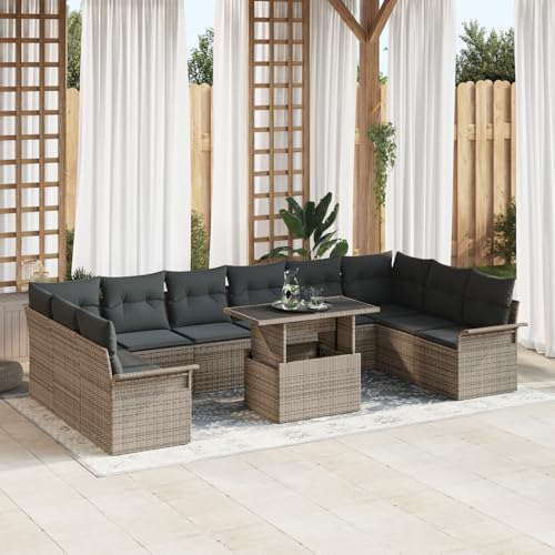 HOMEELIKE 11-teiliges Garten-Sofa-Set mit Kissen in Grau aus Poly-Rattan von HOMEELIKE