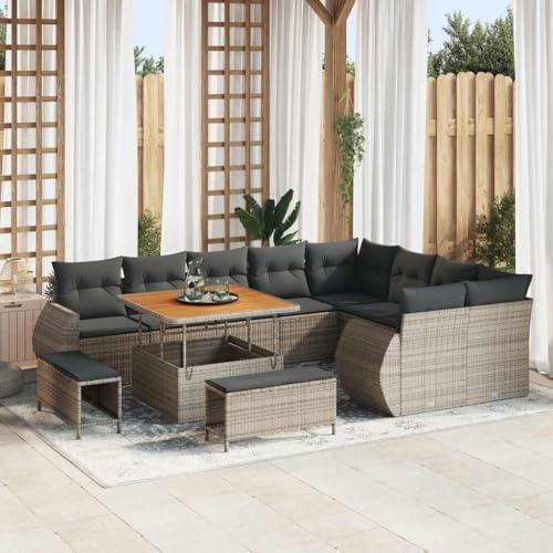 HOMEELIKE 12-teiliges Garten-Sofa-Set mit Kissen in Grau aus Poly Rattan und Akazie. von HOMEELIKE