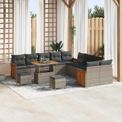 HOMEELIKE 13-teiliges Garten-Sofa-Set mit Kissen Grau Poly-Rattan Akazie von HOMEELIKE