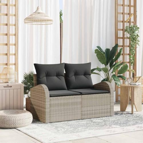 HOMEELIKE 2-Sitzer Garten-Sofa mit Kissen in Hellgrau aus Poly Rattan von HOMEELIKE