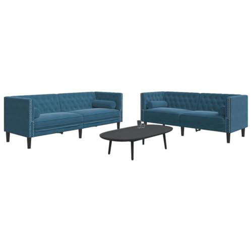 HOMEELIKE 2-TLG. Chesterfield-Sofa-Set mit Nackenrollen Blau Samt von HOMEELIKE