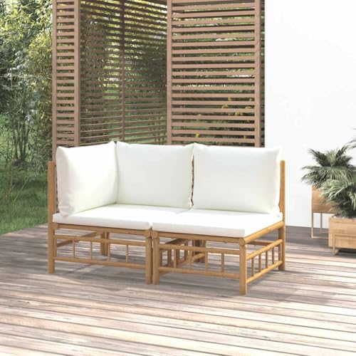 HOMEELIKE 2-TLG. Garten-Lounge-Set mit Cremewei?en Kissen Bambus von HOMEELIKE