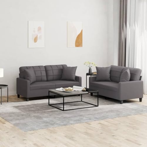 HOMEELIKE 2-TLG. Sofagarnitur mit Kissen Grau Kunstleder von HOMEELIKE