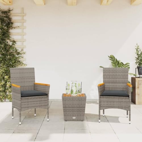 HOMEELIKE Robustes 3er Set Bistro-M?Bel aus wetterfestem Poly Rattan mit Glas-Tisch und Sitzpolsterung in Grau von HOMEELIKE