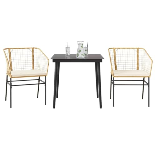 HOMEELIKE 3-TLG. Garten-Essgruppe mit Kissen Braun Poly Rattan Glas von HOMEELIKE