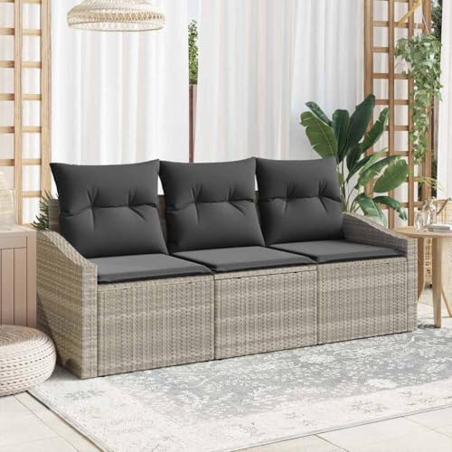 HOMEELIKE 3-TLG. Garten-Essgruppe mit Kissen Hellgrau Poly Rattan von HOMEELIKE