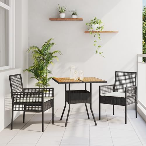 HOMEELIKE 3-TLG. Garten-Essgruppe mit Kissen Schwarz Poly Rattan von HOMEELIKE