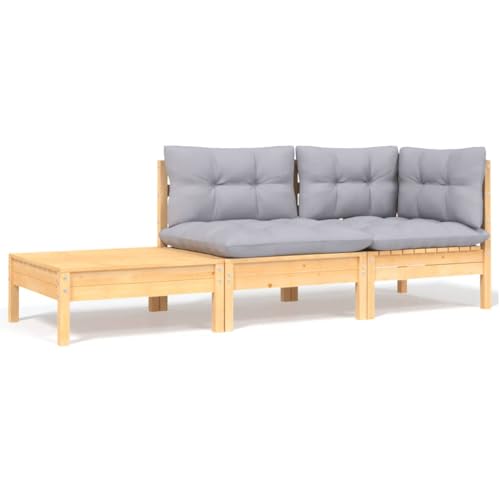 HOMEELIKE 3-TLG. Garten-Lounge-Set mit Grauen Kissen Kiefer Massivholz von HOMEELIKE