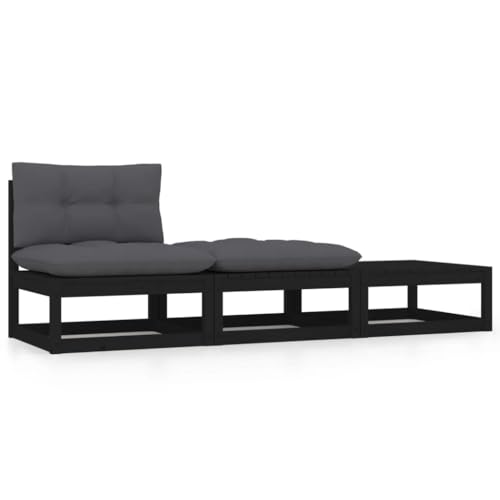 HOMEELIKE 3-TLG. Garten-Lounge-Set mit Kissen Schwarz Kiefer Massivholz von HOMEELIKE