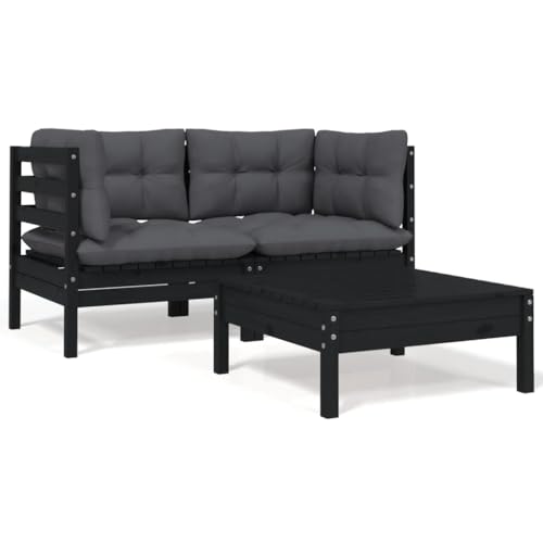HOMEELIKE 3-TLG. Garten-Lounge-Set mit Kissen Schwarz Massivholz Kiefer von HOMEELIKE
