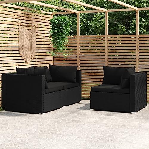 HOMEELIKE 3-TLG. Garten-Lounge-Set mit Kissen Schwarz Poly Rattan von HOMEELIKE