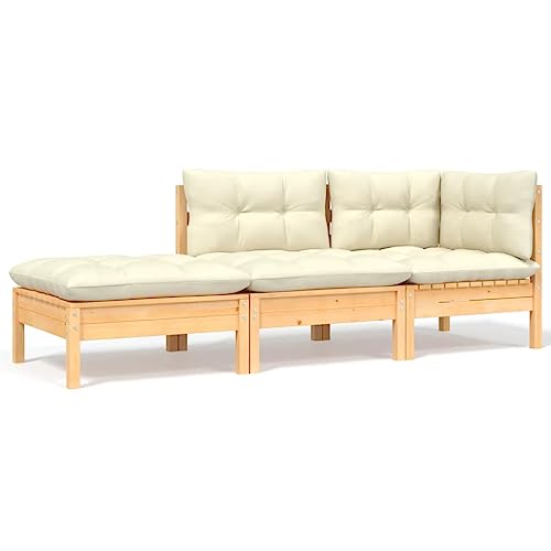 HOMEELIKE 3-TLG. Garten-Lounge-Set mit Kissen in Creme Massivholz Kiefer von HOMEELIKE