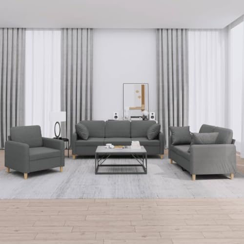 HOMEELIKE 3-TLG. Sofagarnitur in Dunkelgrau Stoff: Robustes Gestell, Bequemes Sitzen und Zierkissen von HOMEELIKE