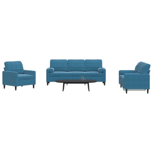 HOMEELIKE 3-TLG. Samt-Sofagarnitur mit Kissen & Nackenrolle, blau, komfortabel & modern von HOMEELIKE