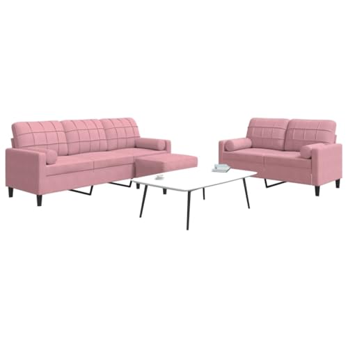 HOMEELIKE 3-TLG. Sofagarnitur mit Kissen und Nackenrollen Rosa Samt von HOMEELIKE