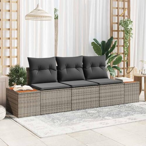 HOMEELIKE 3-teilige Garten-Sofa-Set mit Kissen Grau Poly-Rattan Akazie von HOMEELIKE