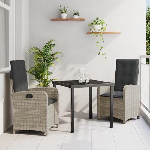 HOMEELIKE 3-teiliges Garten-Dining-Set mit Kissen in hellgrauem Poly-Rattan von HOMEELIKE