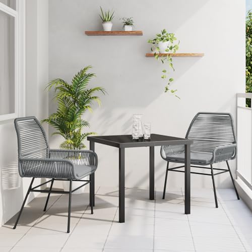 HOMEELIKE 3-teiliges Garten-ESS-Set mit Kissen Grau Poly-Rattan von HOMEELIKE