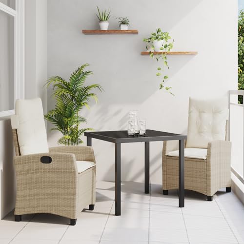 HOMEELIKE 3-teiliges Garten-Essgruppen-Set mit Kissen - Beiger Poly-Rattan von HOMEELIKE