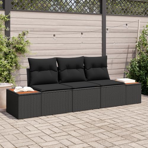 HOMEELIKE 3-teiliges Garten Sofa Set mit Kissen Schwarz Poly Rattan Akazie von HOMEELIKE
