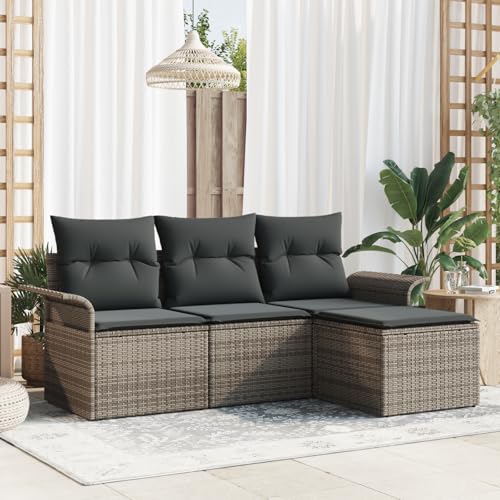 HOMEELIKE 4-teilige Garten-Sofa-Sitzgruppe mit Kissen Grau Poly-Rattan von HOMEELIKE