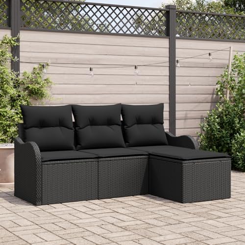 HOMEELIKE 4-teiliges Garten Sofa Set mit Kissen Schwarzes Poly Rattan von HOMEELIKE