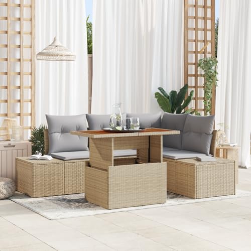 HOMEELIKE 5-TLG. Garten-Essgruppe mit Kissen Beige Poly Rattan Akazie von HOMEELIKE