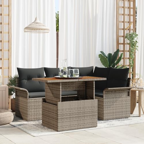 HOMEELIKE 5-TLG. Garten-Essgruppe mit Kissen Grau Poly Rattan Akazie von HOMEELIKE
