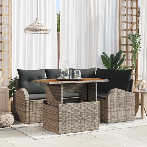 HOMEELIKE 5-TLG. Garten-Essgruppe mit Kissen Grau Poly Rattan Akazie von HOMEELIKE