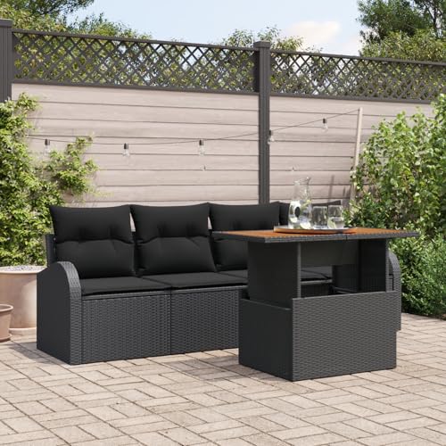 HOMEELIKE 5-TLG. Garten-Essgruppe mit Kissen Schwarz Poly Rattan Akazie von HOMEELIKE