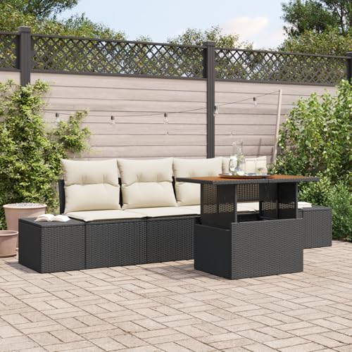 HOMEELIKE 5-TLG. Garten-Essgruppe mit Kissen Schwarz Poly Rattan Akazie von HOMEELIKE