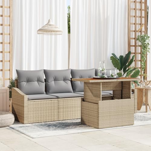 HOMEELIKE 5-teiliges Garten-Dining-Set mit Kissen, beigem Poly-Rattan und Akazie von HOMEELIKE
