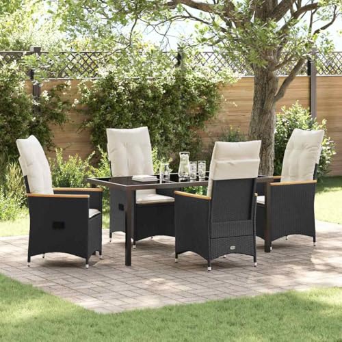 HOMEELIKE 5-teiliges Garten-Essset mit Kissen in Schwarz aus Poly-Rattan. von HOMEELIKE