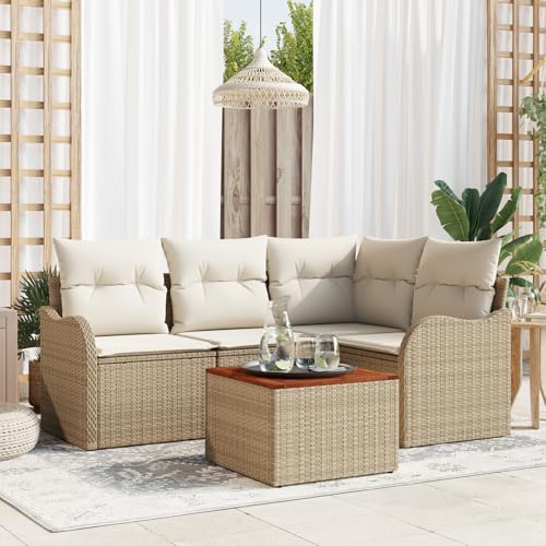 HOMEELIKE 5-teiliges Garten-Sofa-Set mit Kissen Beige Poly Rattan Akazie von HOMEELIKE