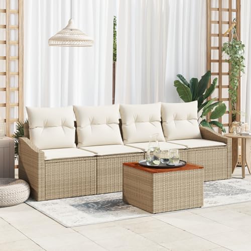 HOMEELIKE 5-teiliges Garten-Sofa-Set mit Kissen Beige Poly Rattan Akazie von HOMEELIKE