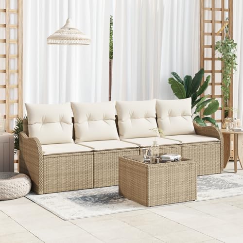 HOMEELIKE 5-teiliges Garten Sofa Set mit Kissen Beige Poly Rattan von HOMEELIKE