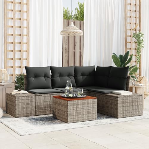 HOMEELIKE 5-teiliges Garten-Sofa-Set mit Kissen Grau Poly Rattan Akazie von HOMEELIKE
