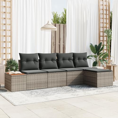 HOMEELIKE 5-teiliges Garten Sofa Set mit Kissen Grau Poly Rattan Akazie von HOMEELIKE
