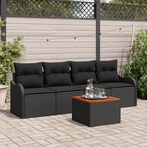 HOMEELIKE 5-teiliges Garten Sofa Set mit Kissen Schwarz Poly Rattan Akazie von HOMEELIKE